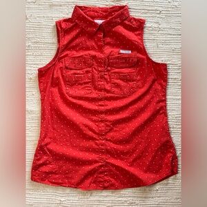 COLUMBIA PFG Bonehead Red White Polka Dot Sleeveless Button Down Shirt Medium
